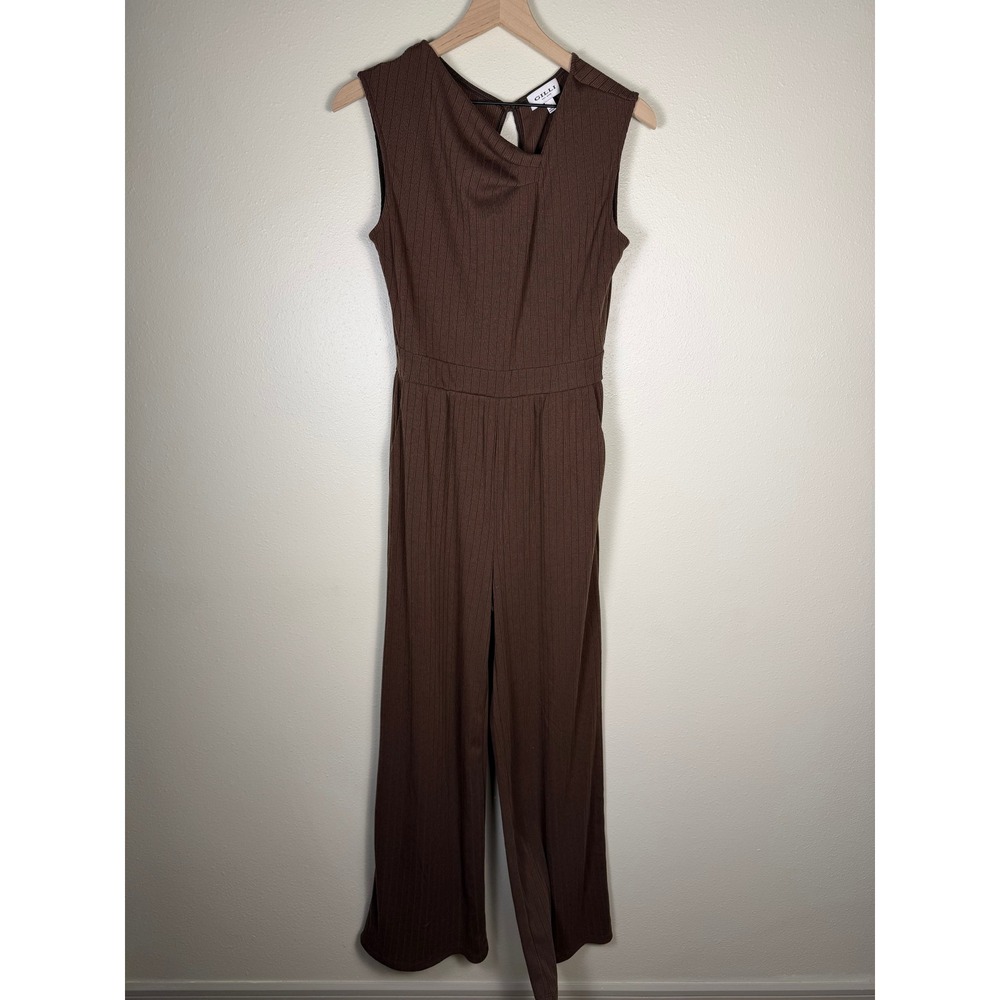 GILLI Ribbed Asymmetrical Neck Jumpsuit Bohemian Earthy Womens M Brown Wide Leg